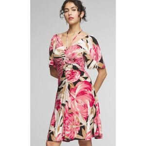 White House Black Market Womens XL ruched bodice pink dress floral midi $120 NWT